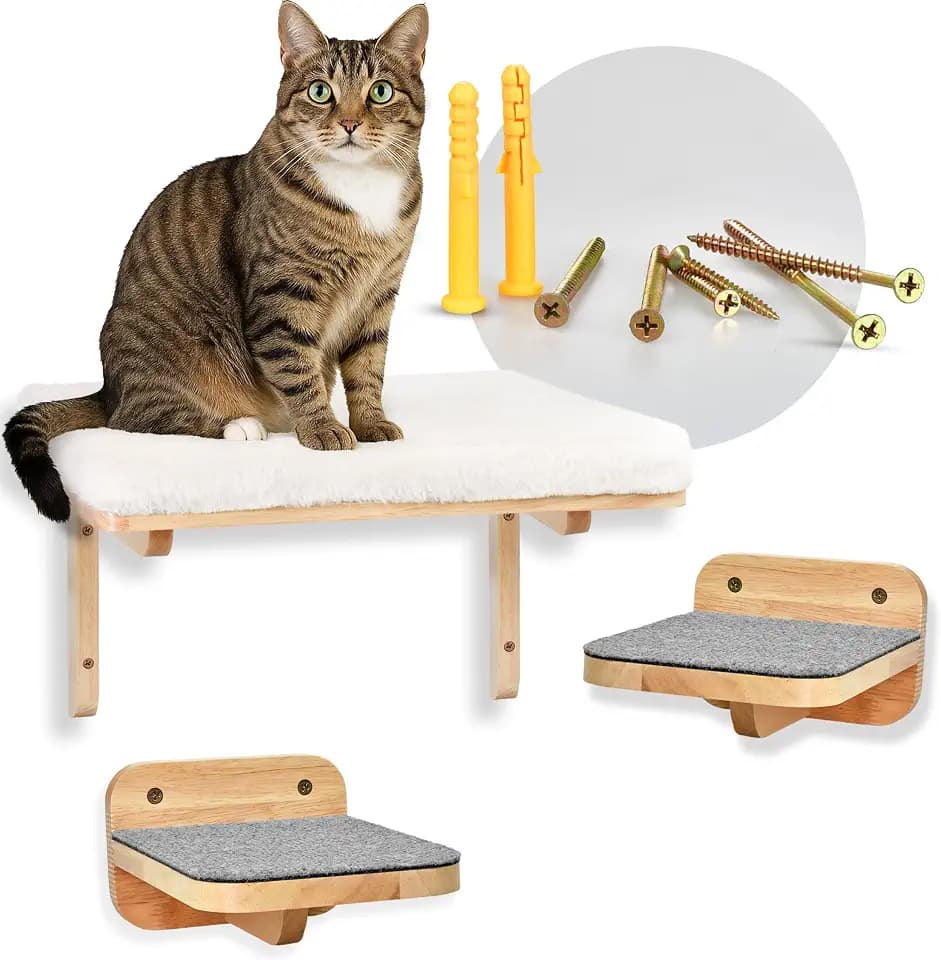 Katzen Kletterwand Set [3 Wandelemente] - Flexible Katzenwand mit großer Wandliege & 2 Treppenstufen inkl. Zubehör zur Wand-Montage [für Jede Katze geeignet]