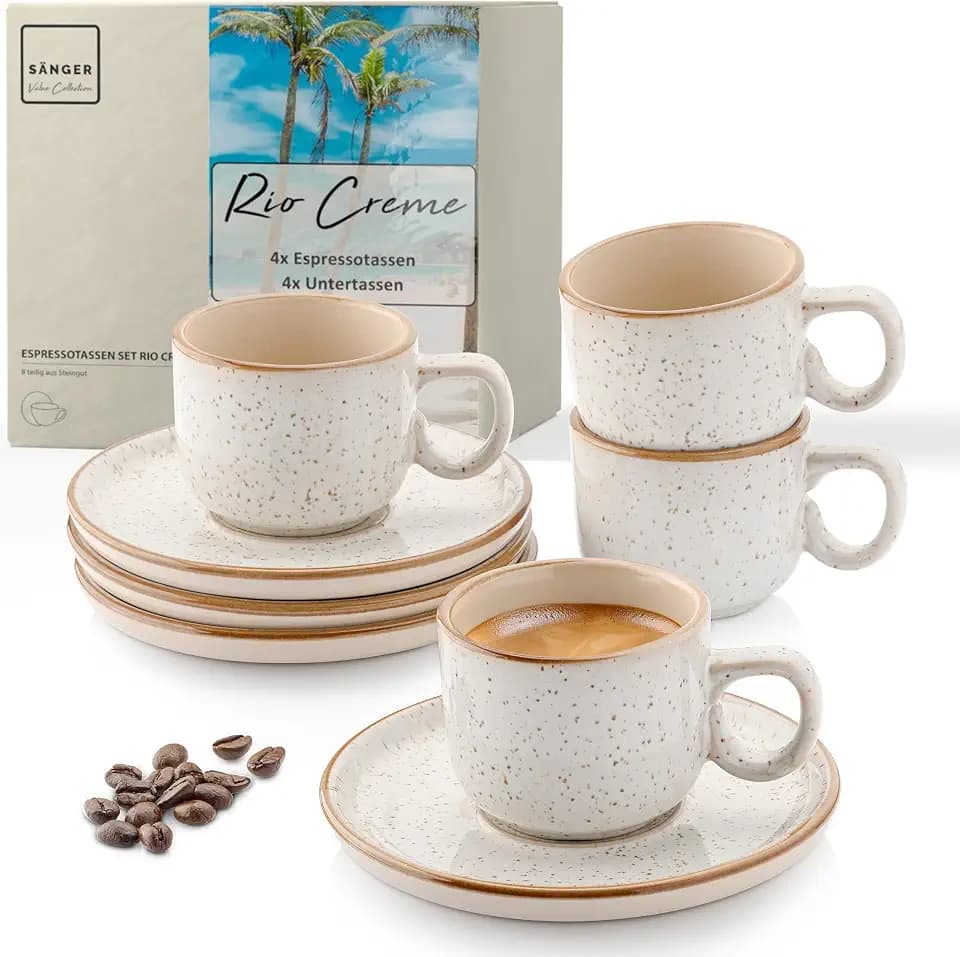 SÄNGER Rio Creme | Espressotassen Set 8 teilig, Tassen Set 4 Personen, Espresso- & Mokkatassen, kratz- spülmaschinen- mikrowellenfest, 4xTassen & 4xUntertassen cremefarben 80 ml | VALUE COLLECTION