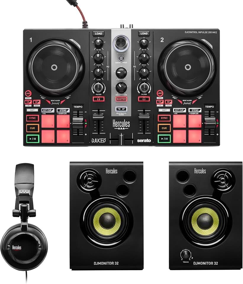 Hercules DJLearning Kit MK2 – All-in-One DJ-Komplettset: DJControl Inpulse 200 MK2 Controller, DJMonitor 32 Aktiv-Lautsprecher & HDP DJ45 Kopfhörer – Inklusive Serato DJ Lite & DJUCED Software