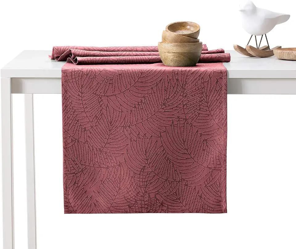 AmeliaHome Tischläufer 30x80 cm Lotuseffekt Wasserabweisend Blätter Altrosa Gaia