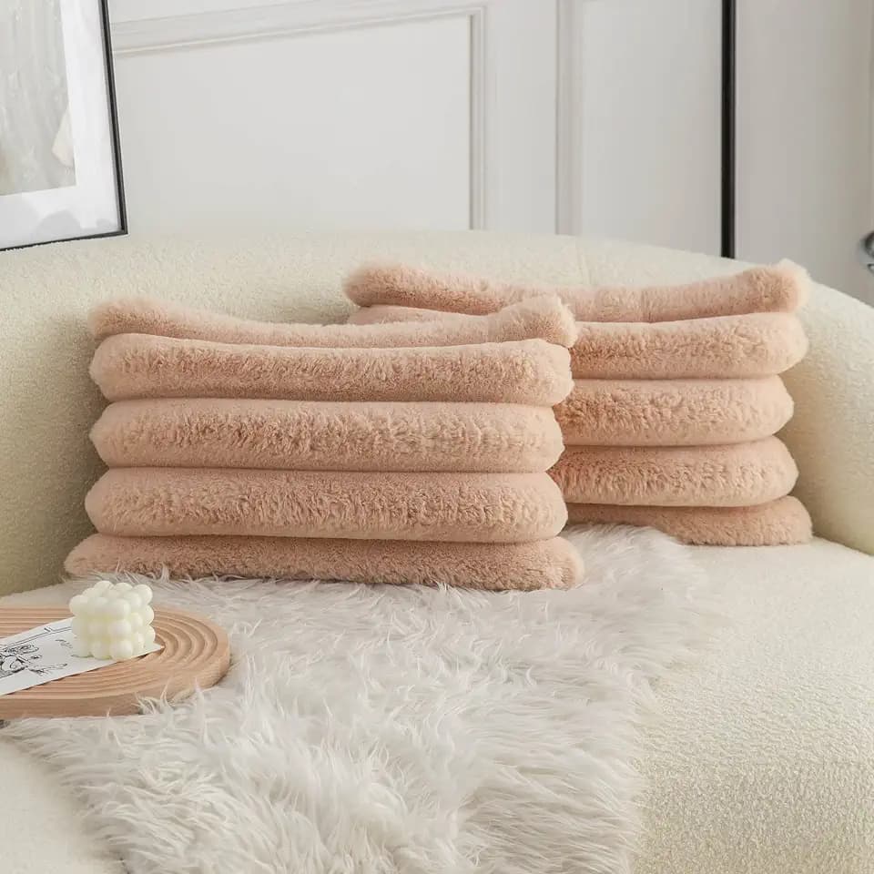 Neelvin Camel Faux Fur Cozy Soft Striped Decorative Throw Pillow Covers 12x20 inch Set of 2,Velvet Pillowcase Cushion Case for Sofa Couch