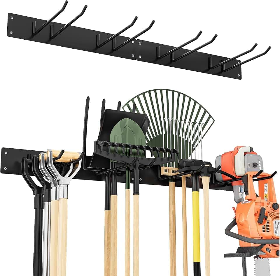 Urban Deco Metall-Gartengerätehalter, Gerätehalter Wandhalterung 150kg Tragkraft mit 4 Doppelhaken & 2 Paneele – Aufhängung für Gartenwerkzeug in Garage, Garten, Keller (Schwarz)