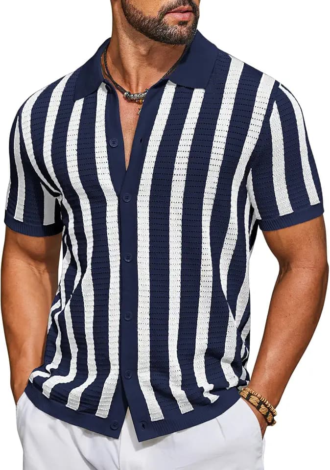 COOFANDY Men's Knit Shirts Short Sleeve Button Down Polo Shirt Striped Casual Summer Beach Shirts