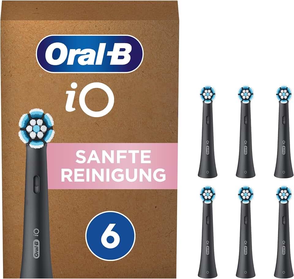 Oral-B iO Sanfte Reinigung Aufsteckbürsten für elektrische Zahnbürste, 6 Stück, sanfte Zahnreinigung, Zahnbürstenaufsatz für Oral-B iO Zahnbürsten, briefkastenfähige Verpackung, schwarz