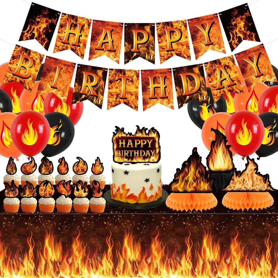 Fire Birthday Party Decorations, Fire Party Supplies include HAPPY BIRTHDAY Banner, Cake Toppers, Honeycomb Centerpieces, Tablecover, and Balloons for Flame Theme Party Baby Shower Supplies