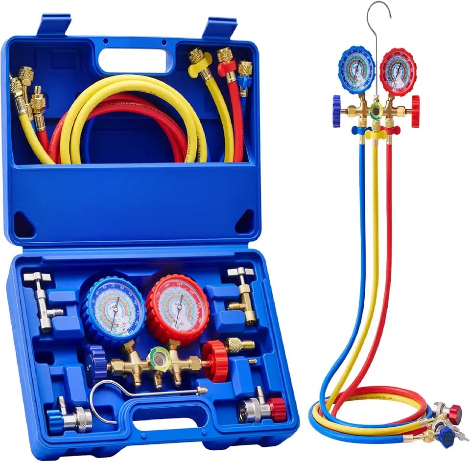 OMT 3-Way AC Manifold Gauge Set for R12 R134a R502 R22, 5 ft Hoses