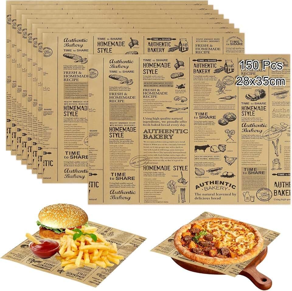 150 Blätter Backpapier Zeitungsoptik 28x38CM Deli Papierblätter Fettdichte Papierblätter Lebensmittelkorb Liner Pommes Papier für Korb Käsepapier Backpapier für Burger, Butterbrot, Pommes