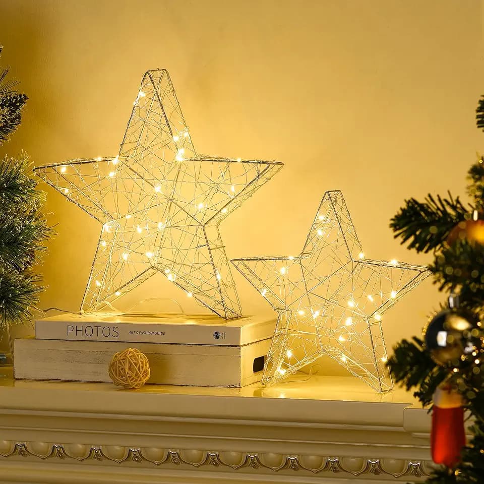 Lewondr Tischlampe, 2 Stück LED Sterne Deko mit Eisenrahmen, Silber