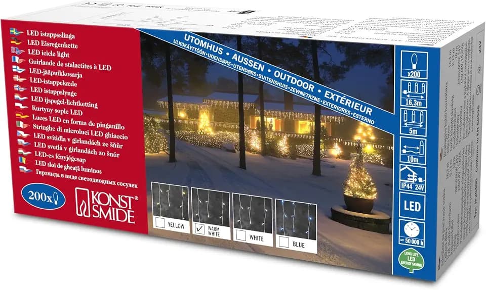 Konstsmide LED Eisregen Lichtervorhang, 200 warm weiße Dioden, 24V Außentrafo, weißes Kabel - 2733-102 Verpackung kann variieren