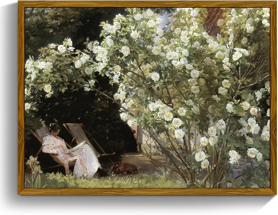 crmotu Framed Canvas Wall Art, Lady and Roses Canvas Print, Rustic, 24x36in