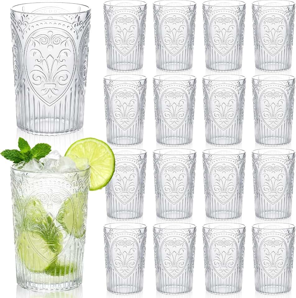 24 Pcs 16 oz Vintage Plastic Drinking Water Glasses Bulk, Clear