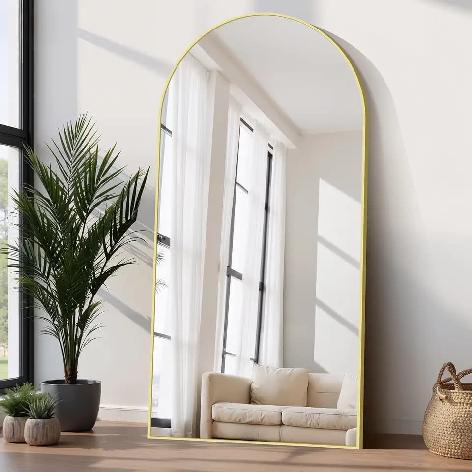 COFENY Bogen Ganzkörperspiegel, 206 × 104 cm Spiegel Groß mit Goldrahmen, Groß Spiegel Wand zum Stehen, Anlehnen oder Hängen, Stand Spiegel für Schlafzimmer, Wohnzimmer