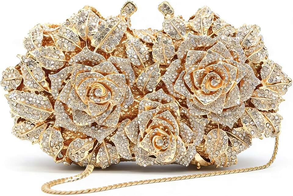 Sweetovo Luxury Crystal Rose Rhinestone Clutch Purse, Floral Evening Bag