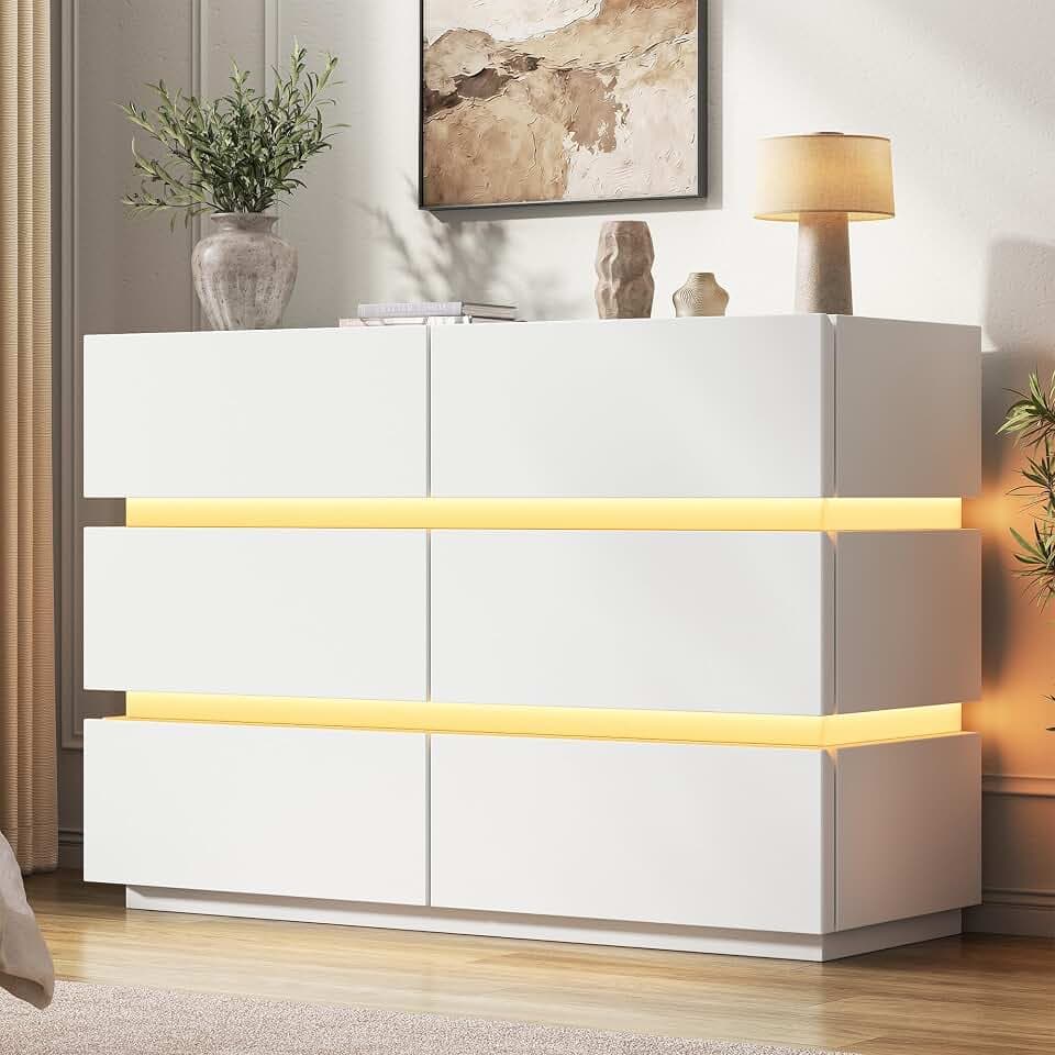 Jocoevol 6 Drawer Dresser with LED Lights, Modern White Dresser for Bedroom
