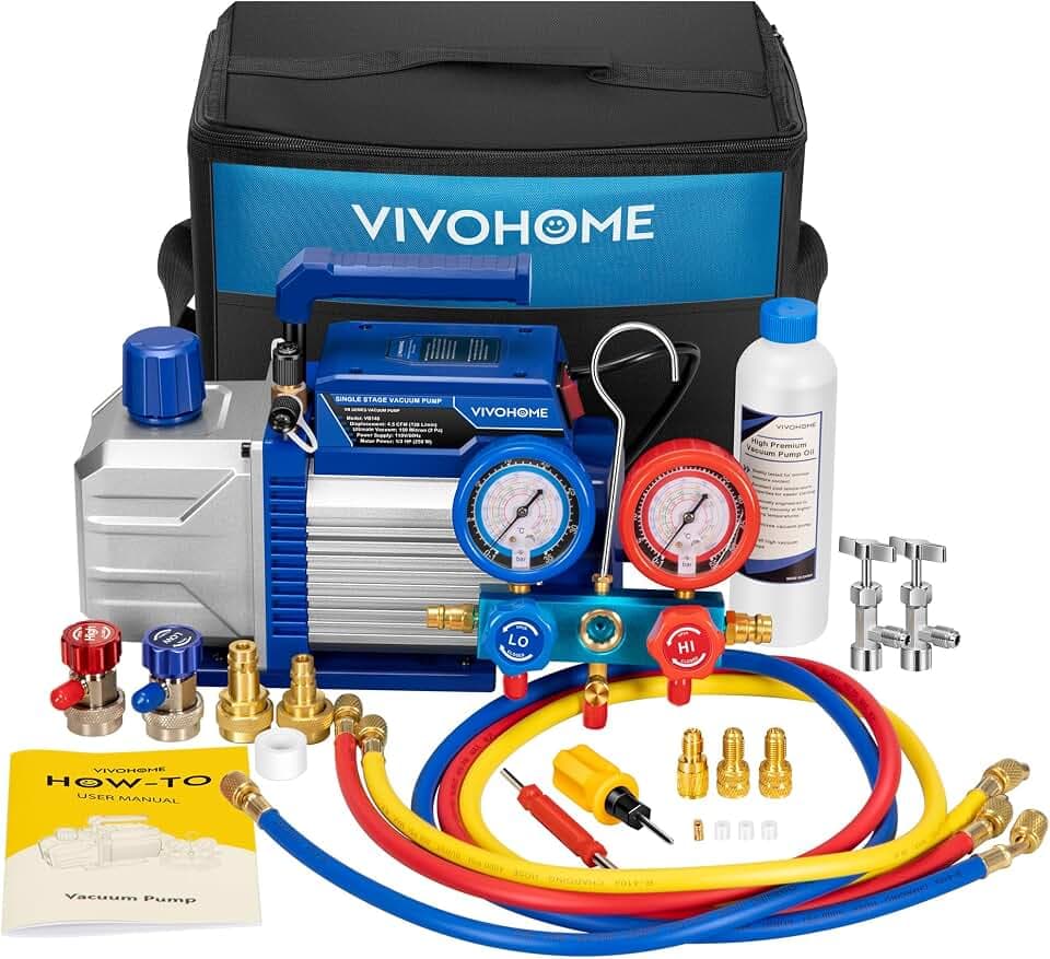 VIVOHOME A2L 1/3 HP 4.5CFM 1 Stage AC Vacuum Pump and Manifold Gauge Set