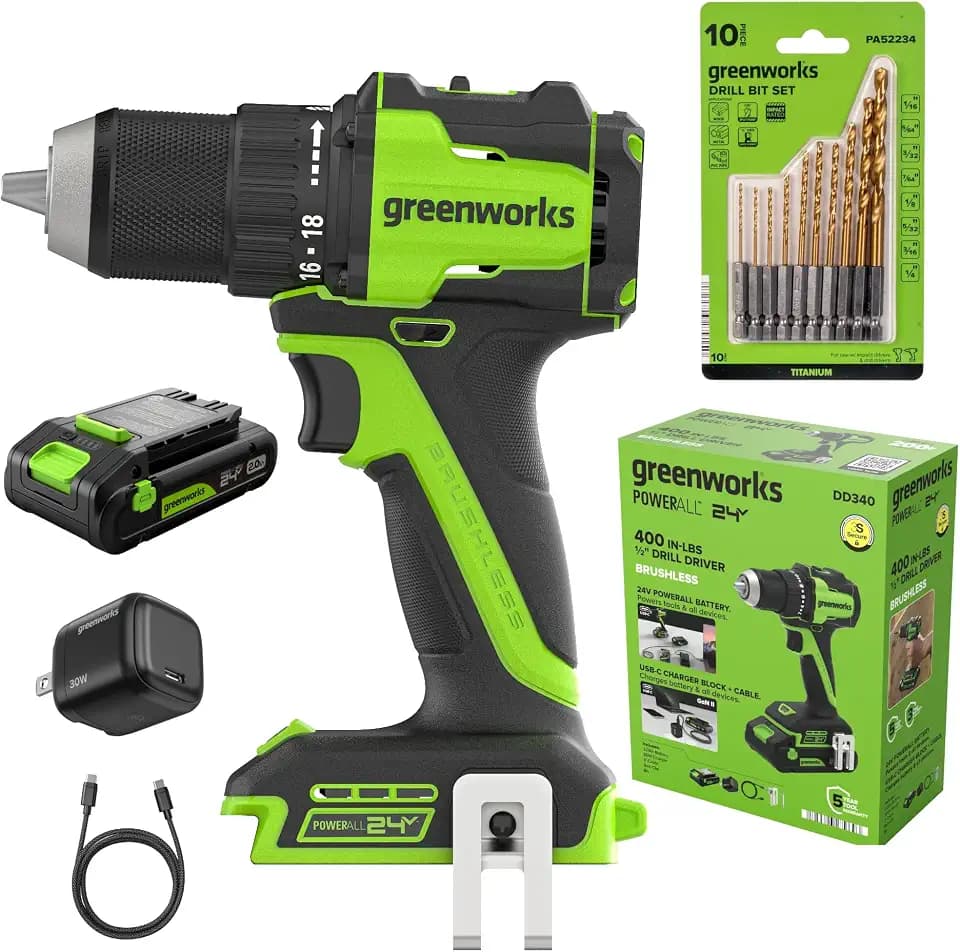 Greenworks PowerAll 24V Cordless Brushless 1/2" 400 in-lbs Drill/Driver, 20+1 Ratcheting Clutch, 2.0Ah USB-C Battery (12,000mAh Power Bank),30W USB-C Charger and Cable,10PC Titanium Drill Bit Set