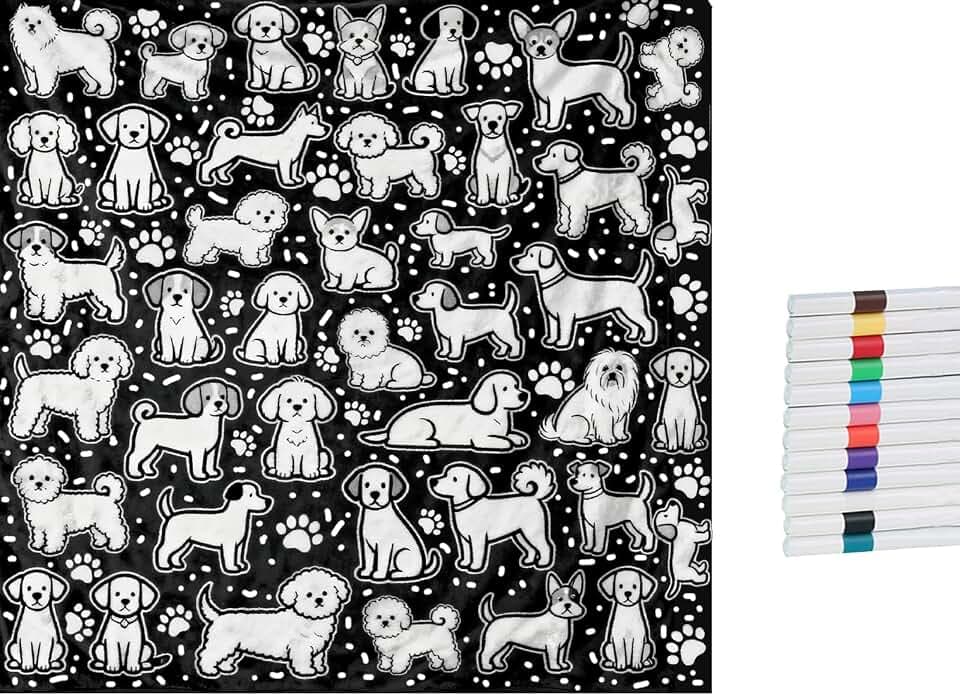 Blankets for Adults Relaxation, 50 * 60 Inches Fuzzy Velvet Blanket with 24 Markers-12 Color, Creative Blanket for Home Decor (Dog)