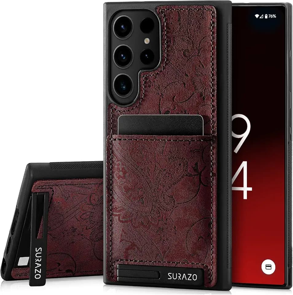 SURAZO Premium Echtleder Back case für Samsung Galaxy S24 Ultra Hülle – Stoßfestes Leder Handyhülle Cover [Kartenfach, Standfunktion, Schlüsselring] Floral Slim Bumper Schutzhülle (Ornament Burgund)