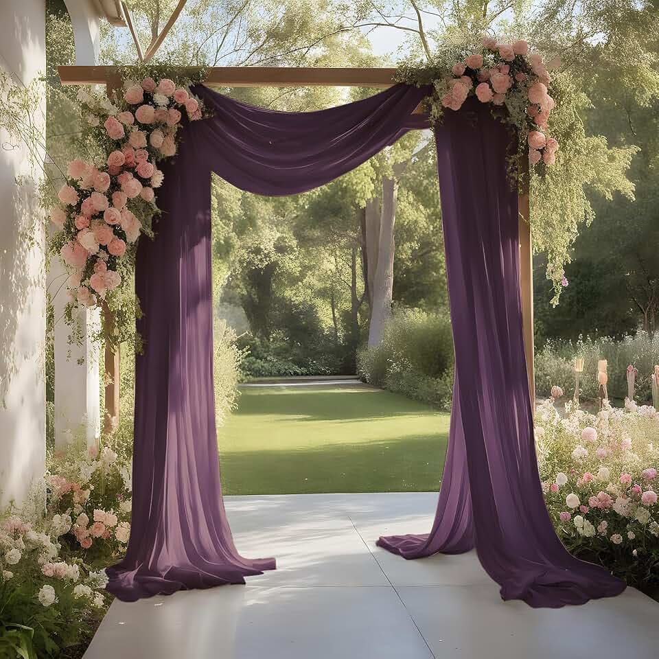 Plum Purple Wedding Arch Draping Fabric Sheer Curtain Drapes | 31" x 20 ft Extra Long Shimmery Backdrop Curtains for Wedding Anniversary Party Summer Outdoor Events Drapery Photo Backgrounds