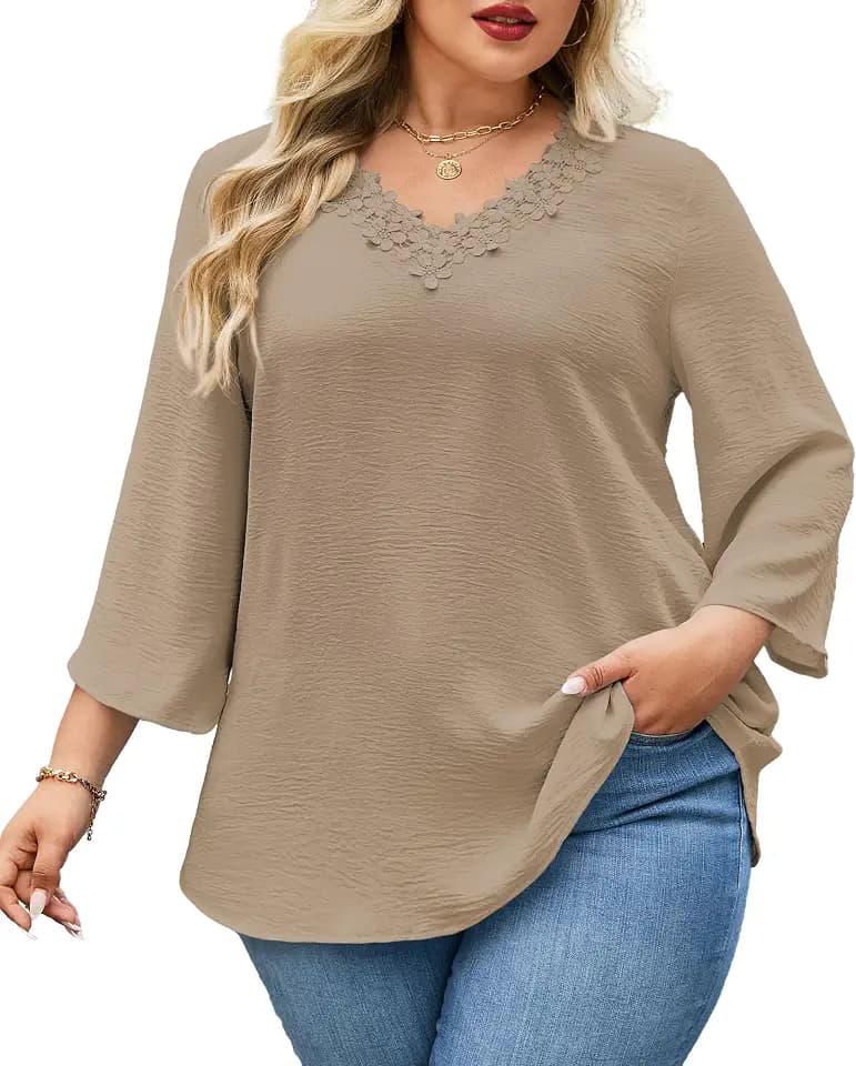 Women Plus Size 3/4 Sleeve Blouses V Neck Floral Trim Tops