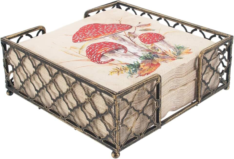 Boston International Paper Napkin Holder Caddy Dispenser for Kitchen Dining Buffet & Bar Countertops, 6.75" x 6.75" (Fits Lunch Size), Antique Brass Trellis