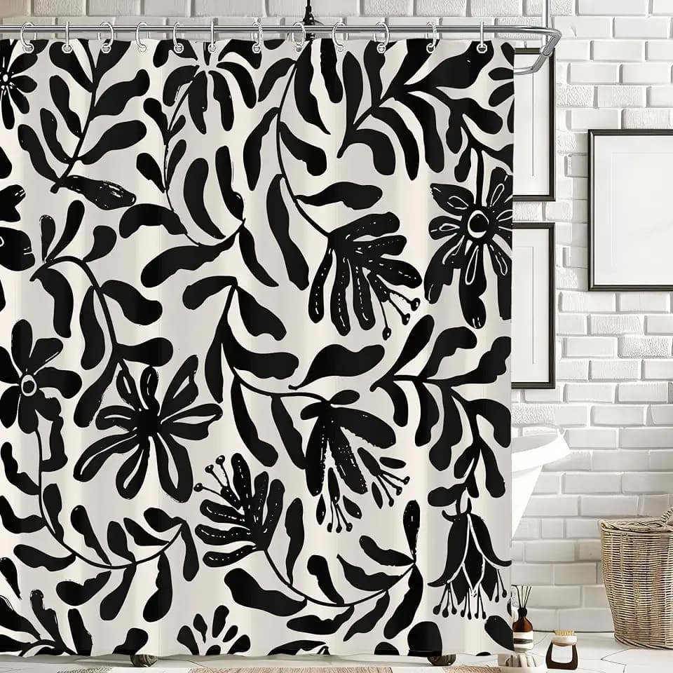 Black Abstract Boho Cute Retro Leaves Matisse 72W*72H Inch Shower Curtain