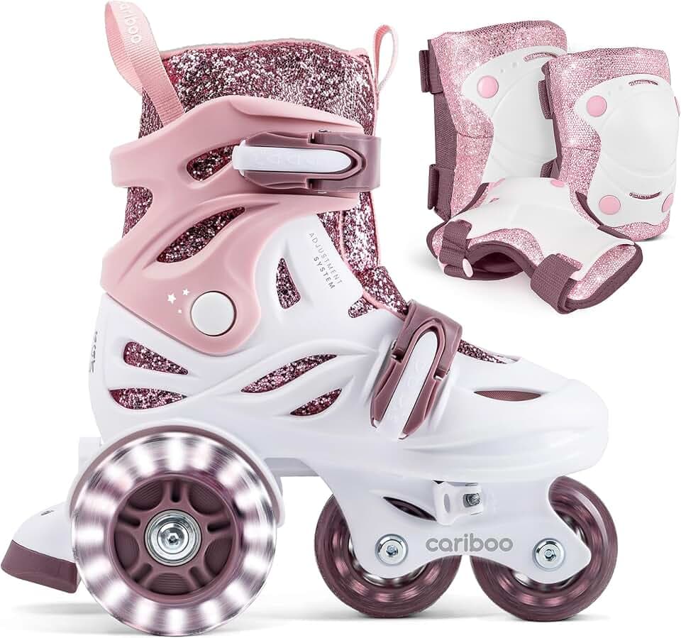 Cariboo Ballerina – Verstellbare Kinder-Inlineskates mit Schutzset (3-teilig), LED-Räder, Sicherheitsstopper, Einfaches Lernen, Glitzerdesign