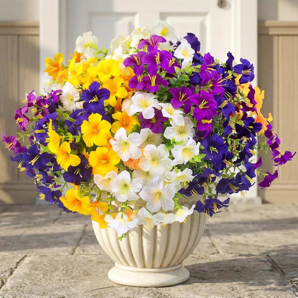 Daynight 16Pcs Artificial Petunias Flowers for Outdoors, UV Resistant Fake Petunias Plants Realistic Silk Flowers for Porch Front Door Garden Window Outside Decor (16, White,Yellow,Purple,RedViolet)