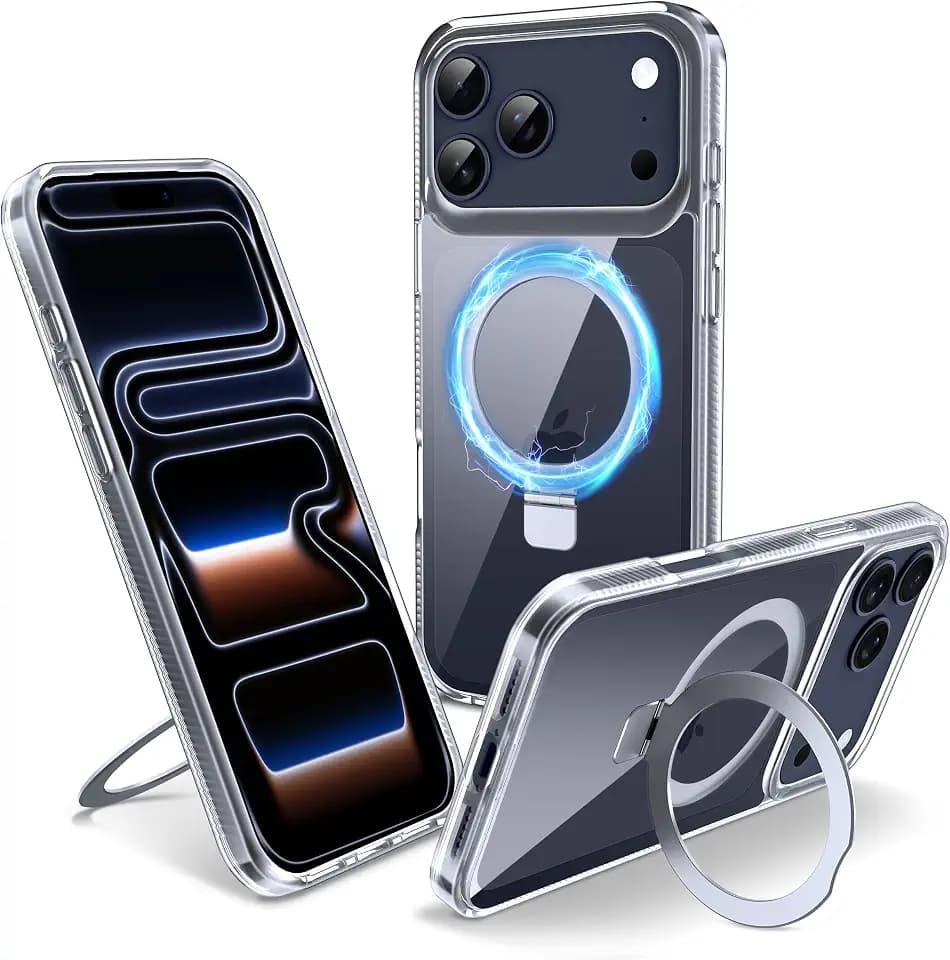 Magnetic Case for iPhone 17 Pro - [Built-in Invisible Stand] [Compatible with MagSafe] [Military Grade Drop Protection] Anti-Yellowing Hard Back Silicone Edge Cover, 6.3", Clear