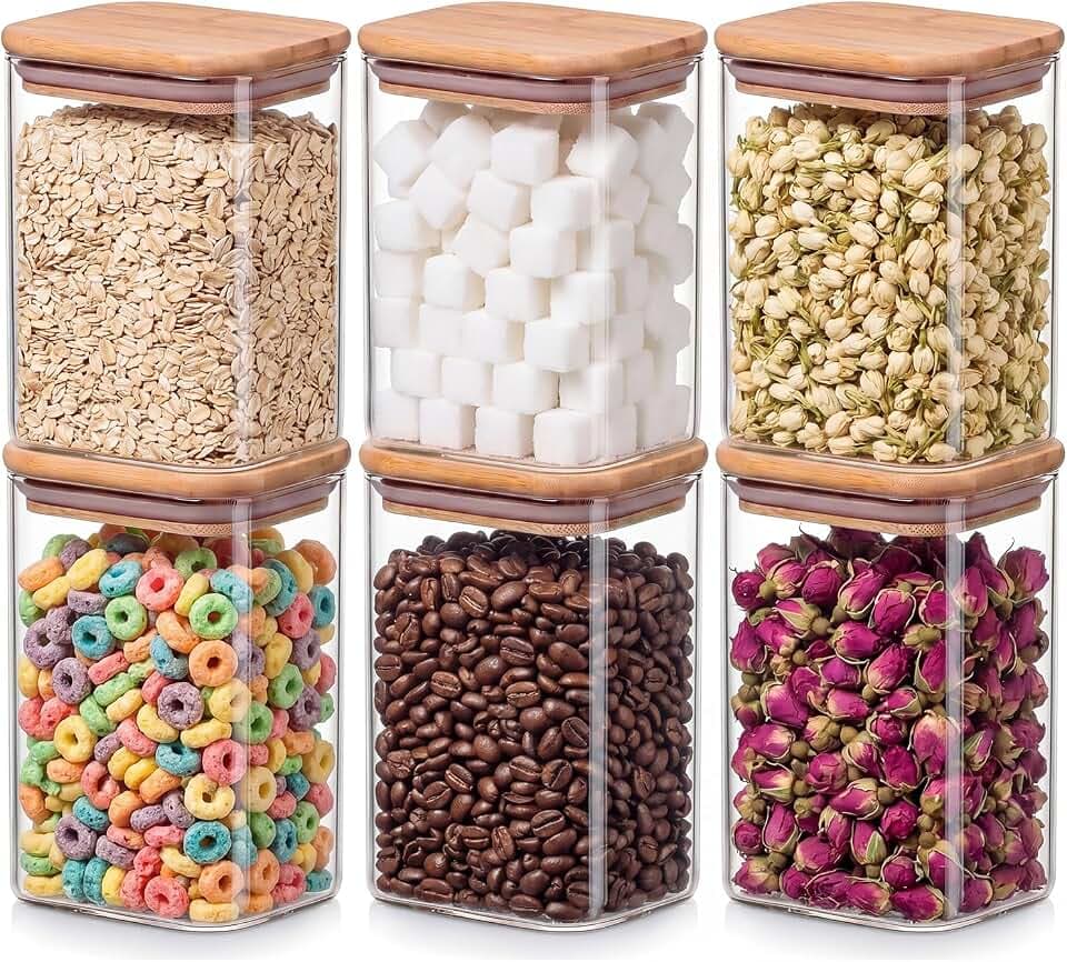 6-Pack 1.2Qt Rectangle Glass Storage Jars with Bamboo Lids