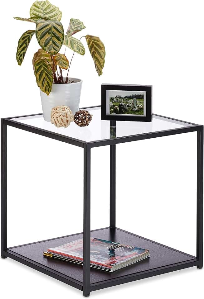 Relaxdays Beistelltisch Glas+Holzablage, Metallgestell, robust, quadratisch, Flacher Couchtisch HBT 50x50x50 cm, schwarz