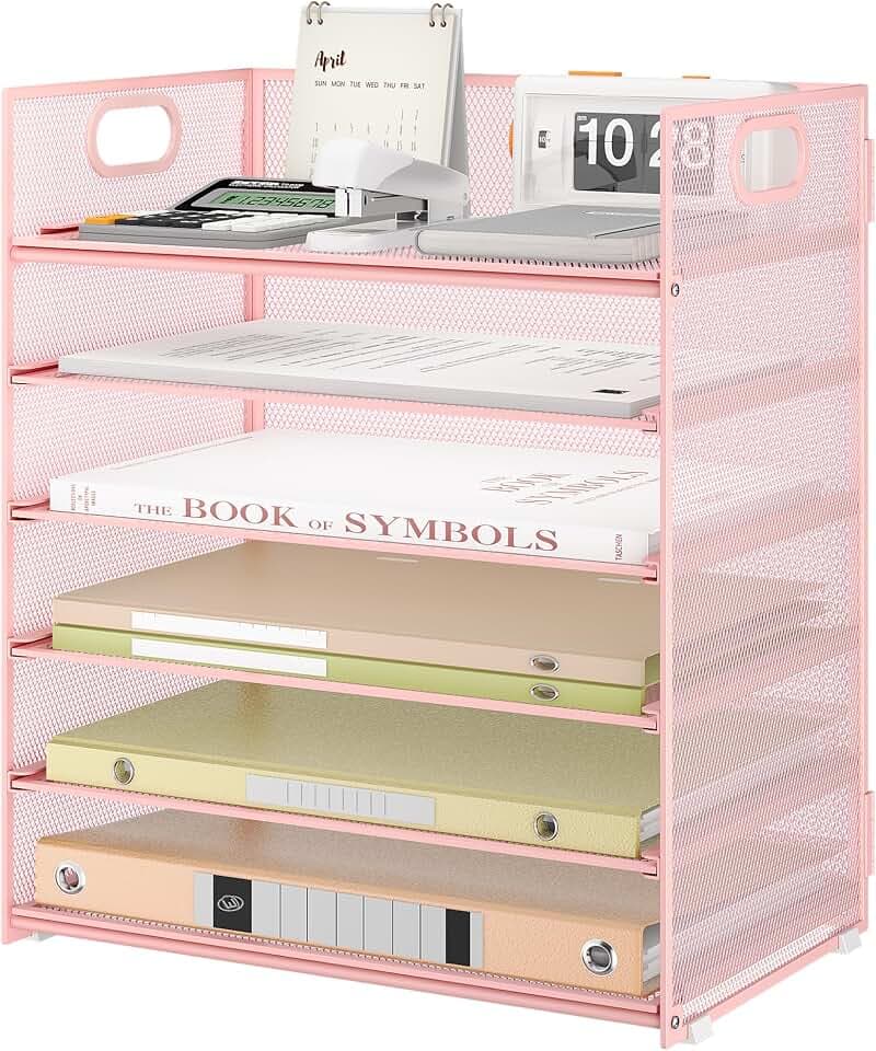 VITVITI Schreibtisch Organizer, 6 Ebenen Briefablage, Stapelbare Aktenhalter, Ablagefächer mit Griff, Bürobedarf für A4 Dokumentenablag, Papier, Buch, Magazin (Rosa)
