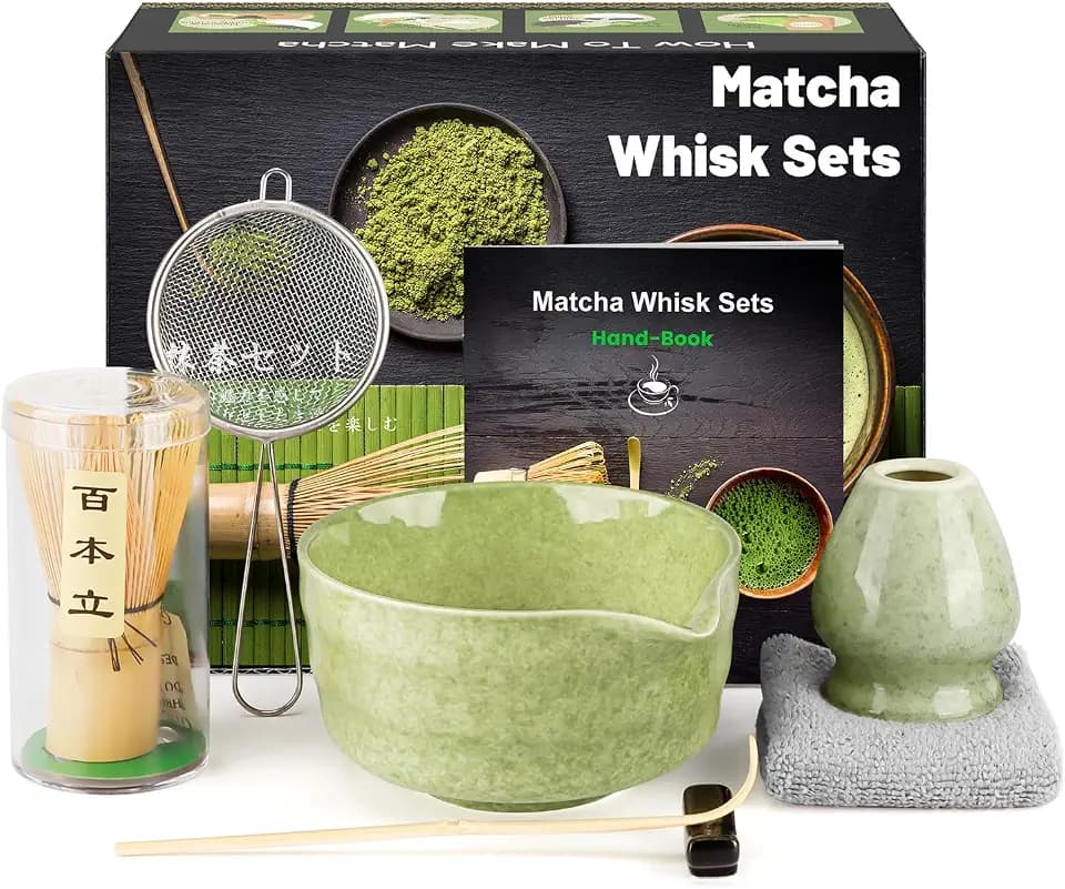 Matcha Set, Ensemble de Fouet à Matcha, Japanisches Tee-Set mit Matcha Besen, Matcha Schale und Besenhalter aus Keramik, Matcha Löffel, Sieb, Teetuch, Matcha Zubehör(7 Teiliges), Grün gesprenkelt
