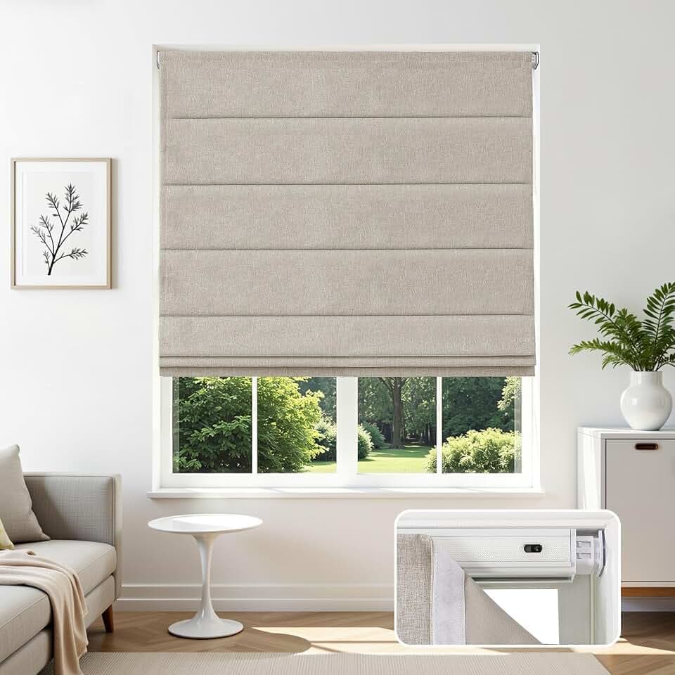 Joydeco Blackout Cordless Roman Shades No Drill, 34" W × 72" H, Linen