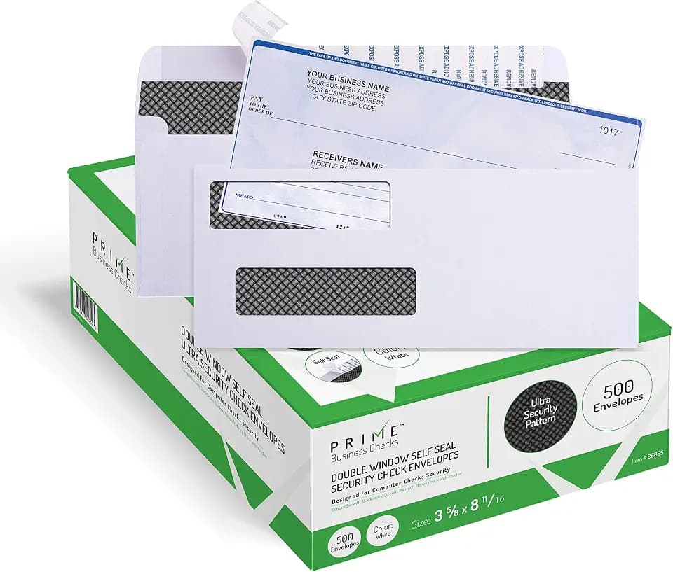 500 Self Seal QuickBooks Double Window Security Check Envelopes - for Business Laser Checks, Ultra Security Tinted, Self Adhesive Peel & Seal White, Size 3 5/8 x 8 11/16-24lb NOT for INVOICES (26865)