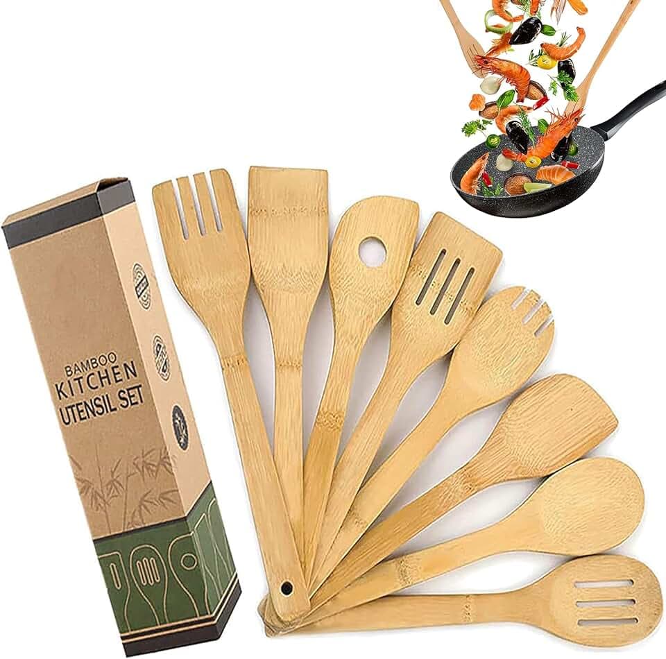 8-teiliges Kochutensilien-Set, aus Bambus, ideal für Küche, Leicht zu Reinigen, Massiv, Hölzener Robuster Pfannenwender, Kochutensilien, Löffelwender für Antihaftbeschichtete Pfannen