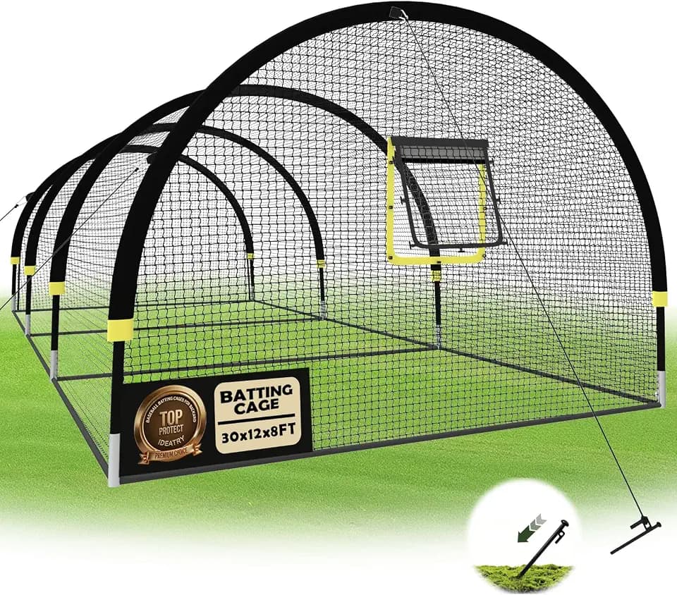 30'x12'x8' Baseball Batting Cage Net – Portable Backyard Practice Softball Net with Pitching Machine Hole, 12.7mm Fiberglass Poles, Open/Close Pitching Port Curtain & Carry Bag