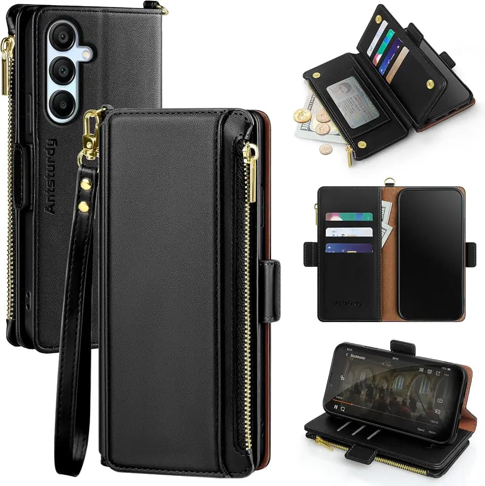 Antsturdy Compatible with Samsung Galaxy A16 5G Case Wallet with Card Holder Women Men Phone Case RFID Blocking PU Leather Flip Protective Cover Wrist Strap Zipper Credit Card Slots,Black
