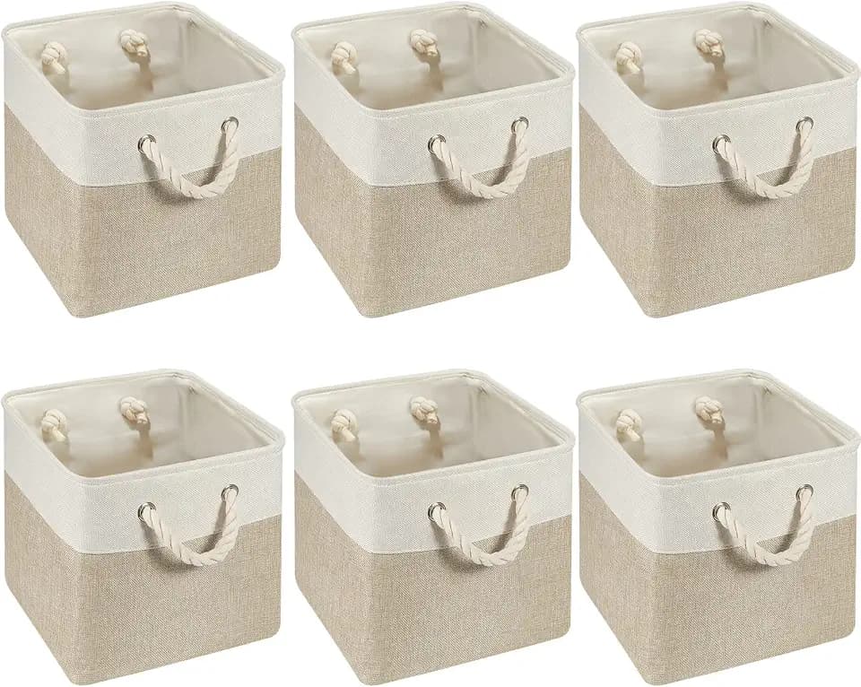 6 Stück Würfel-Aufbewahrungskörbe, klein, faltbar, mit stabilen Tragegriffen, Mehrzweck-Aufbewahrungswürfel, Körbe, Organizer, für Zuhause, Büro, Kinderzimmer (weiß, hellbraun, 27,9 x 27,9 cm)
