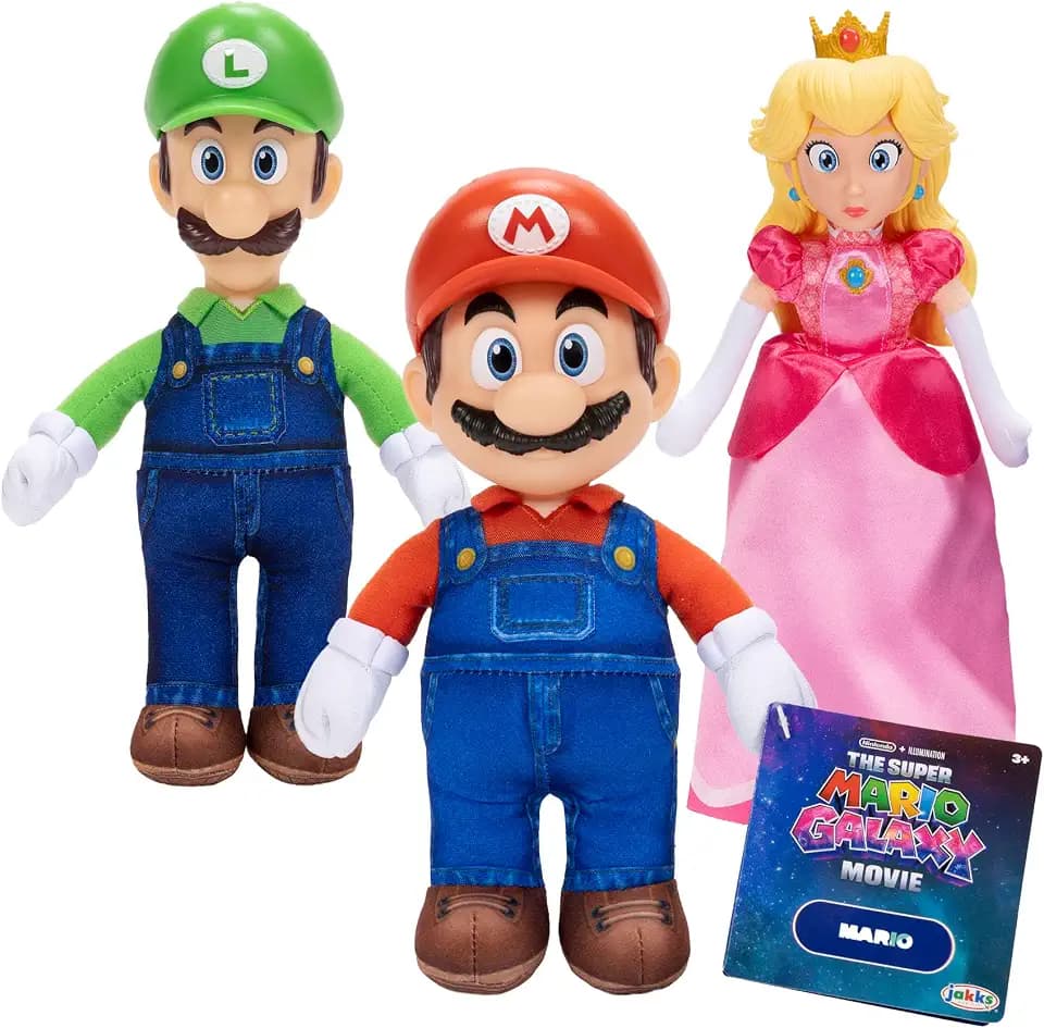 The Super Mario Galaxy Movie – 9" Plush 3-Pack Bundle Series 1 - Premium Detail Roto Head Plush, Includes Mario, Luigi, and Princess Peach Characters!