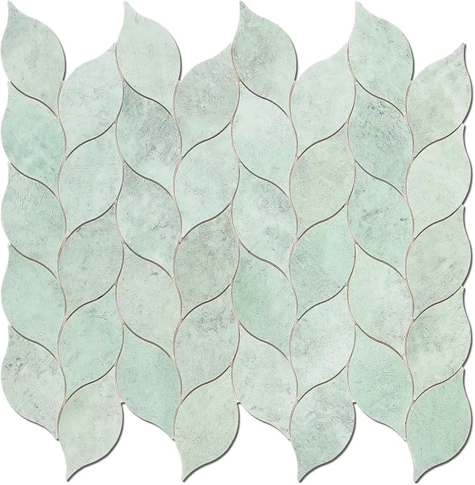 Tilingview 10-Sheet Peel and Stick Backsplash Tile for Kitchen, Self-Adhesive Mosaic Glossy Leaf Stick on Wall Tile with Gaps (Light Green)