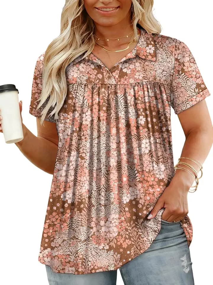 VISLILY Womens-Plus-Size-Summer-Tops Dressy Polo V Neck Shirts Roll Short Sleeve Collared Pleated Tunics Button Down Blouses