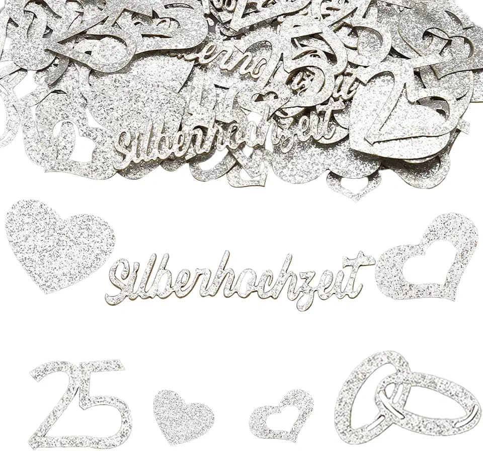 Doppelseitige Glitzer Silberhochzeit Deko Konfetti Groß 1,4-6,5cm,100 Stk Deko Silberhochzeit 25 Jubiläum,Silber Hochzeit Streudeko mit Nummer 25,Herz,Ringe,25. Hochzeitstag Tischdeko Geschenk