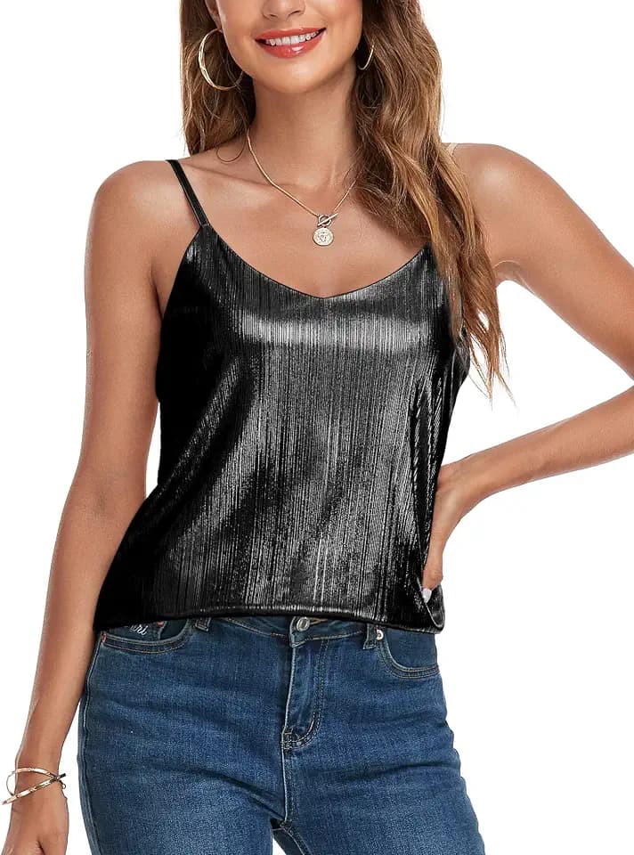 VIDUSSA Women Sparkly Gold Tank Top Sequin Cami Metallic Shimmer Party Top