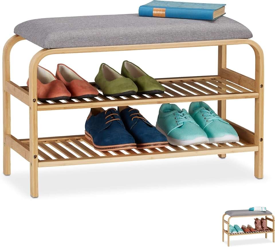 Relaxdays Schuhbank, gepolsterte Sitzfläche, für Flur, Garderobe, Schlafzimmer, Schuhaufbewahrung HBT 46x69x30 cm, Natur