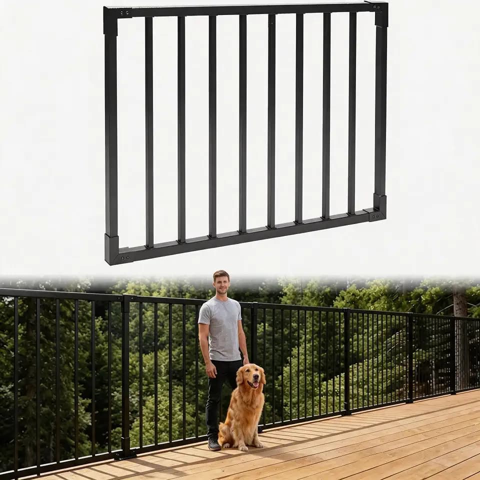 4ft W x 32in H Wrought Iron Deck Gate – Heavy-Duty Security Gate, Cuttable Outdoor Railing Gate, Rust-Proof AAMA2604 Black Textured Finish for Patio Porch Garden (Hinge & Lock Not Included)