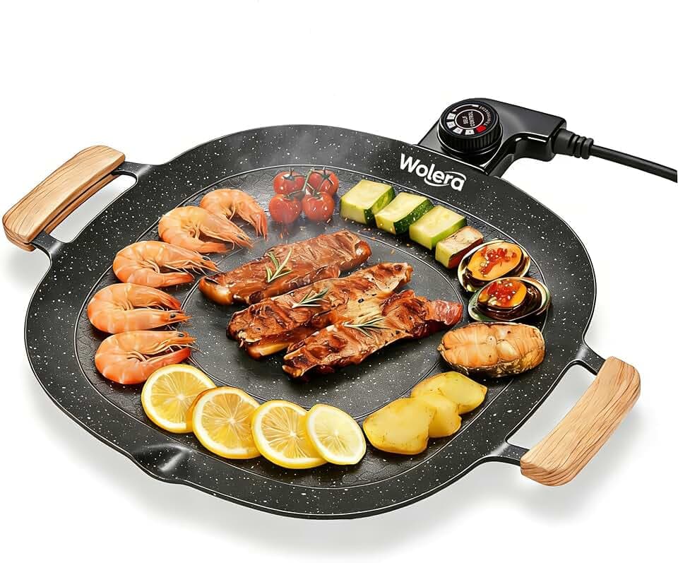 Smokeless Electric BBQ Grill, Wood Handles, Adjustable Temp
