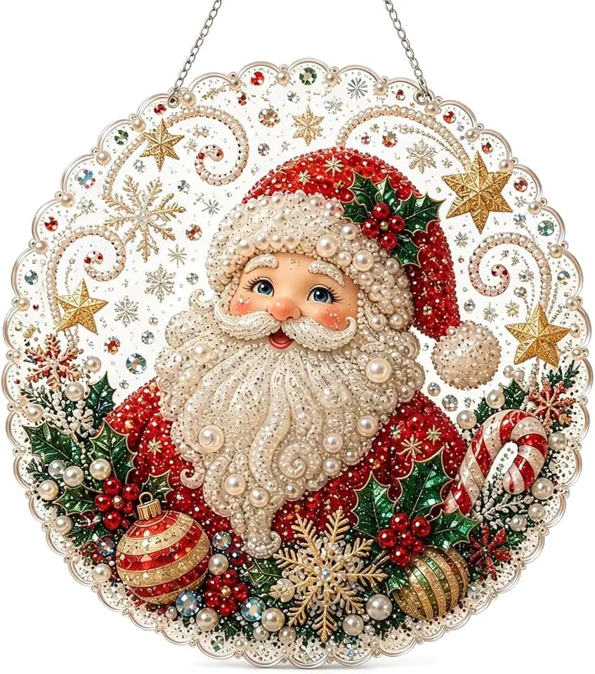 JOYGIEE Christmas Pearl Diamond Painting Art Kit 10 * 10in, Hanging Painting Suncatcher Kit, DIY Craft, Pre-Assembled Metal Chain, 3D Mixed-Sized Pearl Beads Craft, Festive Window Wall Decor，F #