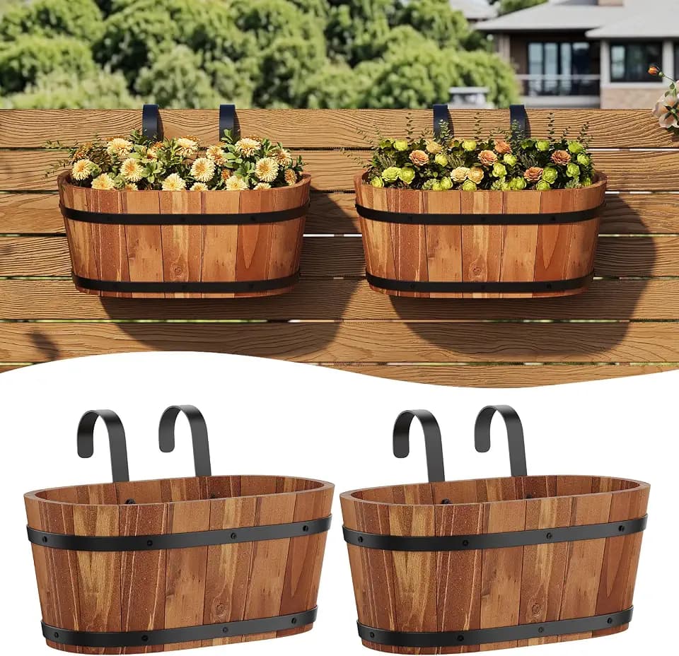 Railing Planters for Outdoor Plants Balcony Hanging Flower Pots with Detachable Hooks, Window Flower Box Hanging Bucket Pots Fence Planters for Garden Home Decor (Brown-2pack, Large)