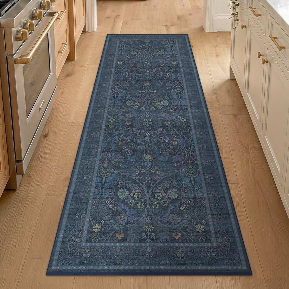 Small Oriental Runner 2x6 Kitchen Runner Rugs Non Slip,Navy Blue Washable Stain Resistant Runner for Entryway, Hallway, Bedside, Bathroom with Floral and Botanical Design
